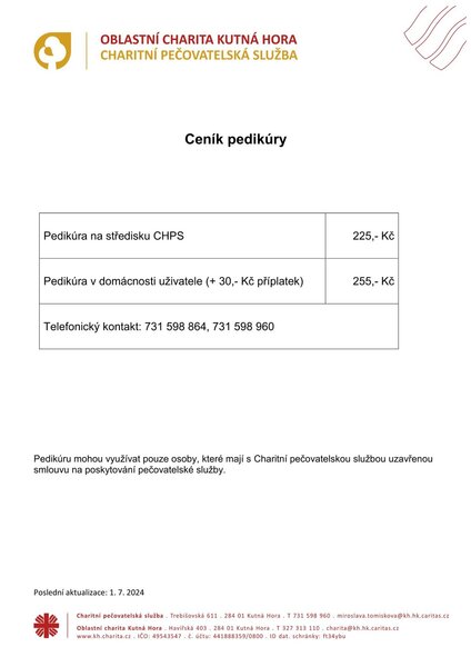Ceník pedikúry od 1. 7. 2024